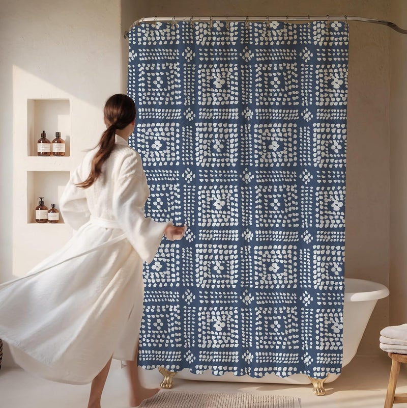 Worthwhile Goods Modern Blue Shibori Print Shower Curtain - Boho Geometric Dot Pattern - Mudcloth Design - Decorative Fabric Shower Curtain for Any Bathroom - 72x72 Inches (Shibori) - Image 2